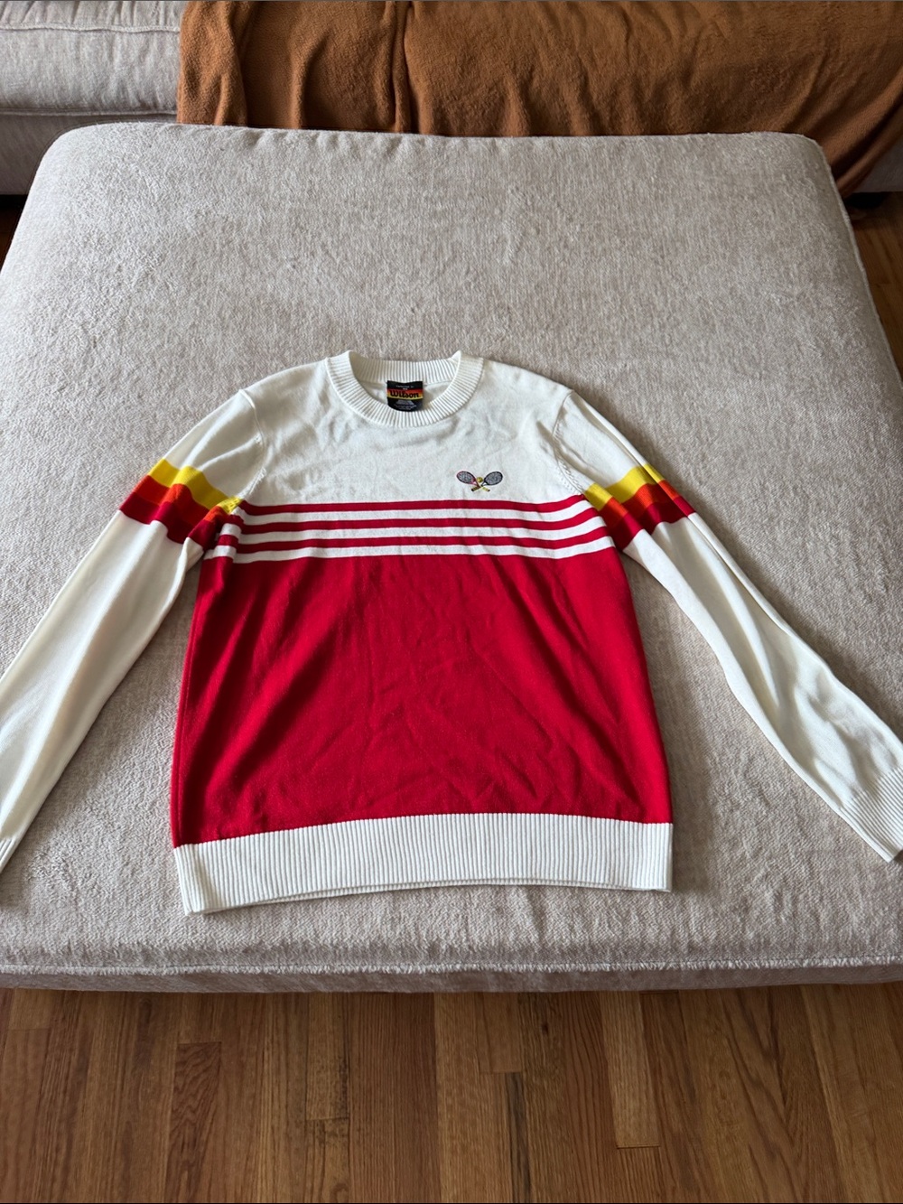 Forever 21 Men's White, Red and Yellow Striped Crewneck Sweater